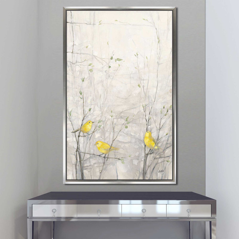 Oiseaux dans les arbres I par Julia Purinton - Peinture, Cadre flottant argent, H 63,5 po x l 39,5 po x P 2 po
