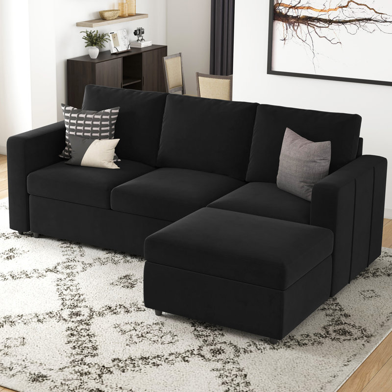 Rafael 5-Piece Velvet Apartment 3-Seat Sofa Sectional Sofa With Storage Ottoman, Black Velvet