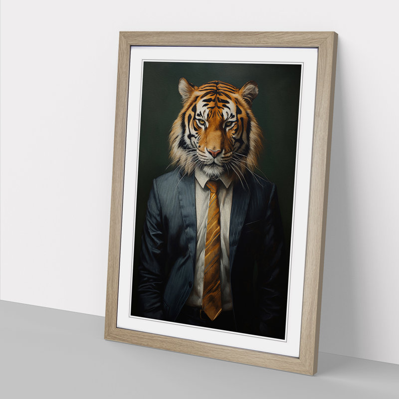 XYZ-FRM-V1223-1634 Tiger In A Suit Painting No.4 - Single Picture Frame Print on Wood, 34cm H x 25cm W x 2cm D, Oak