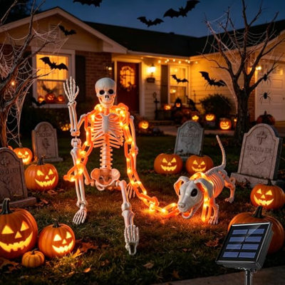 3Ft Skeleton & Dog Skeleton with Light Chain, Outdoor Halloween Decorations