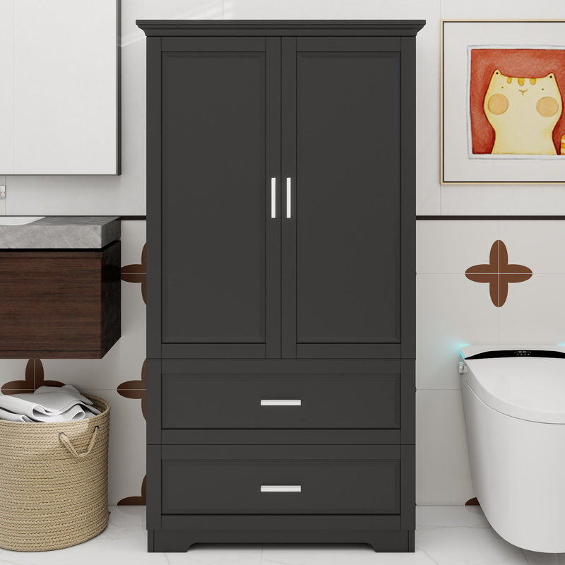 Armoire de rangement haute pour salle de bain, armoire avec deux portes et tiroirs, tablette réglable, panneau de fibres à densité moyenne, noir