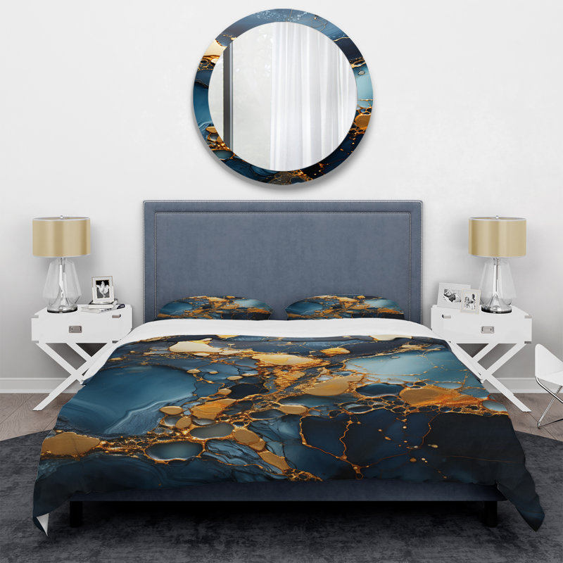 Ensemble de housse de couette abstraite or et bleu, Housse de couette pour très grand lit et 2 très 
