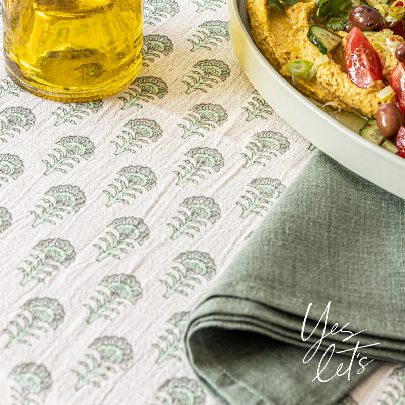 Hand-Screened Green Flower Cotton Rectangular Tablecloth
