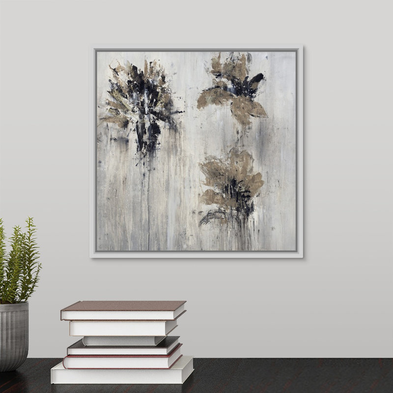 « pétale en métal », peinture sur toile, H 13,7 po x l 13,7 po x p 1,75 po, Cadre flottant blanc