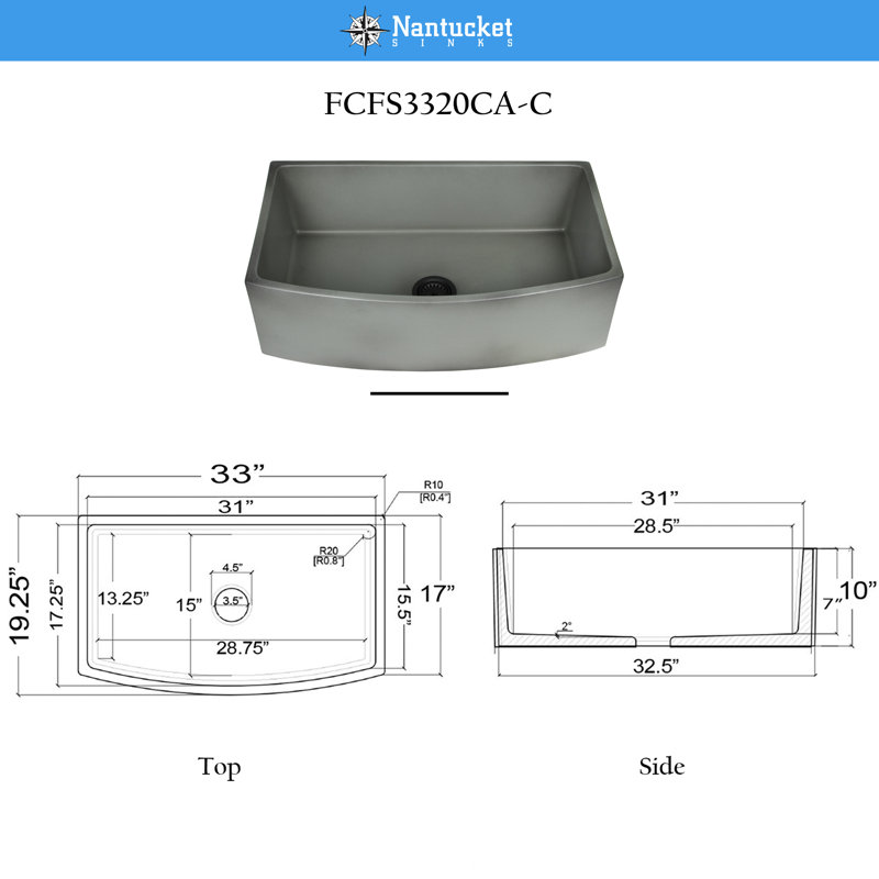 Nantucket Sinks' 33 Inch Farmhouse Fireclay Sink with Curved Apron, Clay