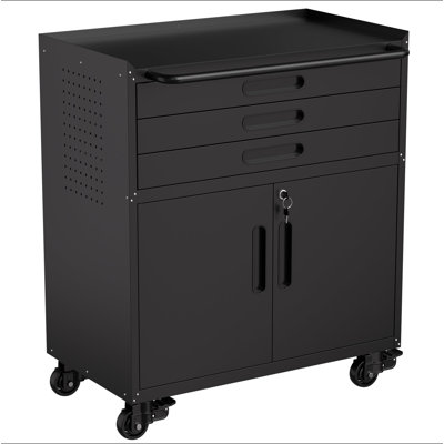 34.3" Rolling Metal Tool Cabinet - Heavy Duty Garage Storage with Lockable Doors & 3 Drawers, Mobile Workbench Organizer for Garage, Workshop, Home