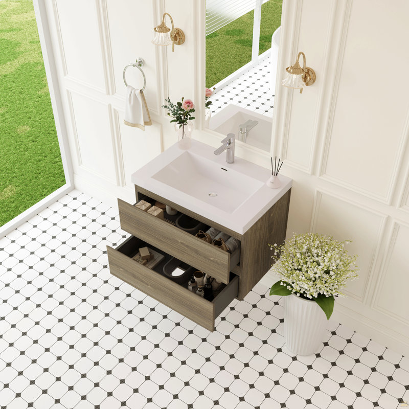 Meuble-lavabo flottant 30 po avec lavabo, meuble-lavabo mural avec lavabo à surface solide et tiroirs à fermeture en douceur entièrement assemblés