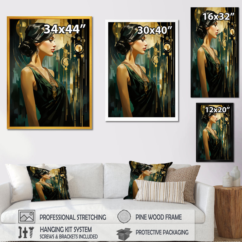" 1950 Renaissance Jazz Woman Elegance III ", Gold Single Picture Framed, 32" H x 16" W x 1" D