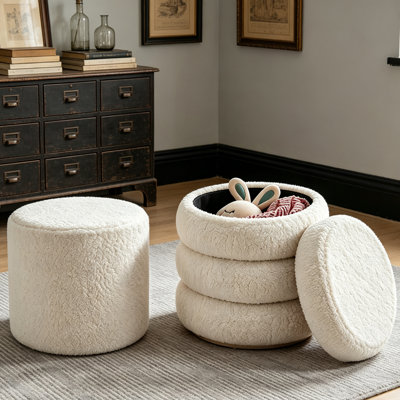 Round Storage Ottoman Set of 2, Boucle Upholstered Ottoman with Removable Lid, Modern Vanity Stool Foot Rest for Living Room Bedroom
