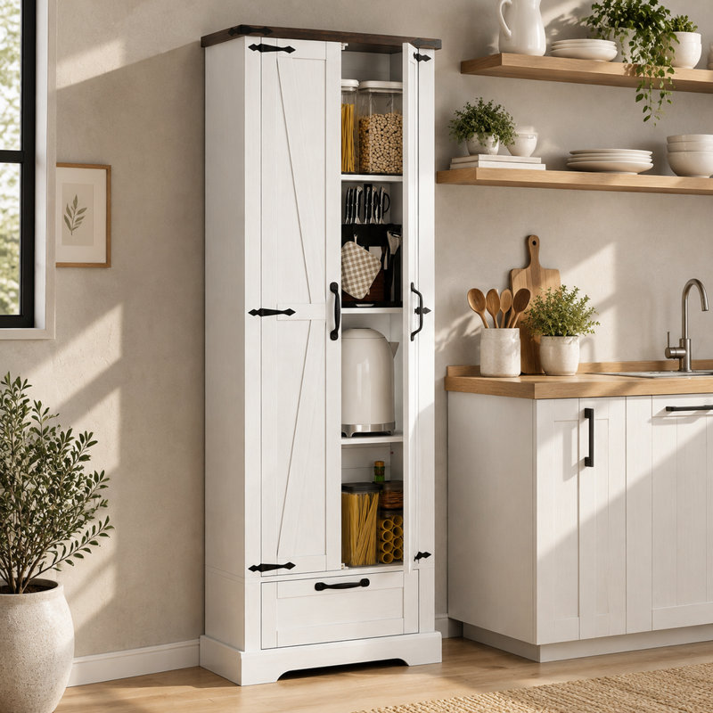 Armoire de rangement de style champêtre, 180 cm (70,95 pouces), autoportante, avec portes coulissantes de style grange, tiroir et étagères réglables, blanche