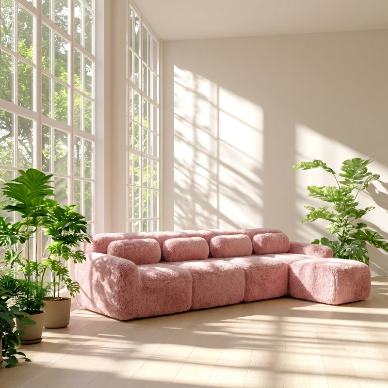 Aura 149" W x 70.4" D x 28.7" H Plush Fabric Modular Sectional Sofa, Pink Fabric
