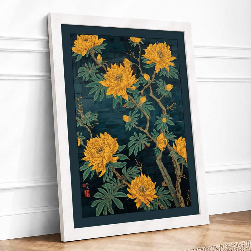 Golden Chrysanthemums Botanical - Framed Print, A2 - 59.4 x 42.0 cm, White