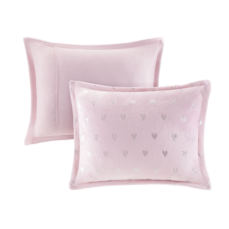Pink Microfiber Full Kids Comforter Set with Metallic Hearts