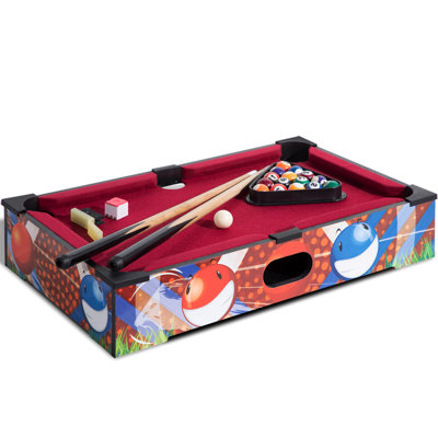 RayChee 20' Table Top Pool Table with Small Billiards Balls, Pool Cues, Triangle Rack, Chalk, Brush