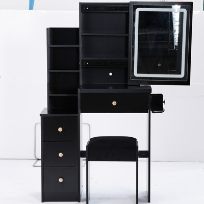 Small Bedroom Dressing Table With Chair, 2 Ac + Chargers, Large Sliding Touch-Control Led Mirror, , , Black Finish Balcony Desk Vanity - Touch Control Switching, Cushioned Stool, American Style