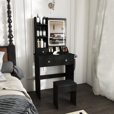 Makeup Vanity and stool set with light Mirror, 3 Drawers and open shelves