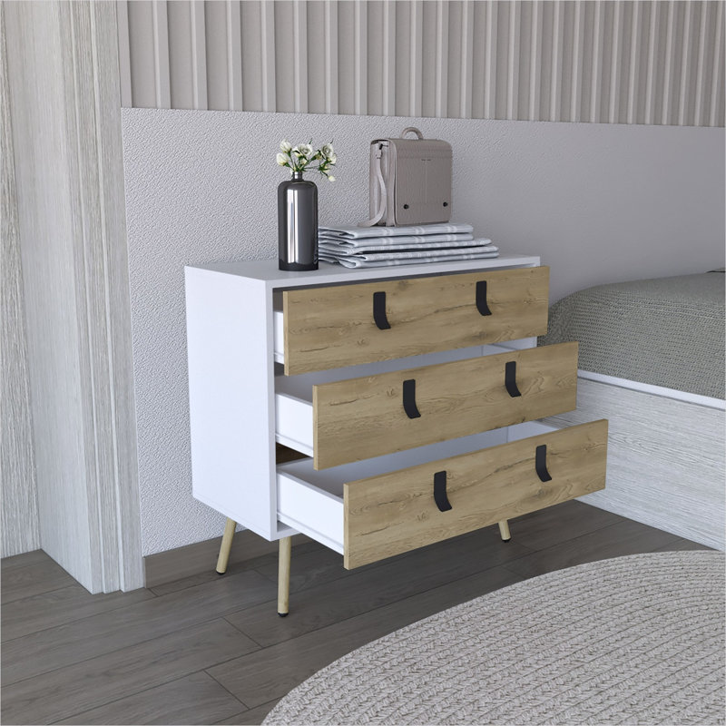 Commode 3 tiroirs avec poignées en métal, bois d'ingénierie, finition multicolore, grand espace de rangement pour la chambre à coucher ou le salon, largeur 31,5
