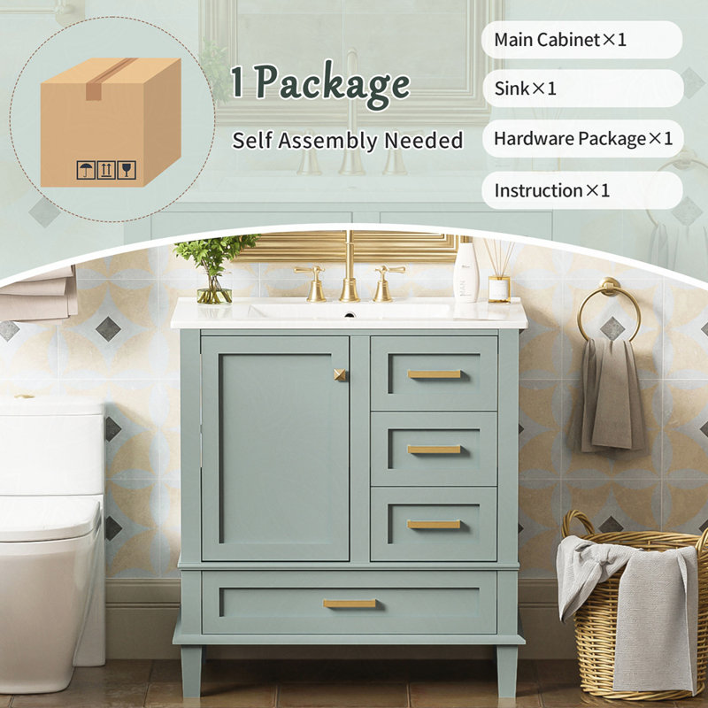 Ensemble de meuble-lavabo moderne avec lavabo 30 po, meuble-lavabo moderne avec porte à fermeture douce et 3 tiroirs, structure en bois massif