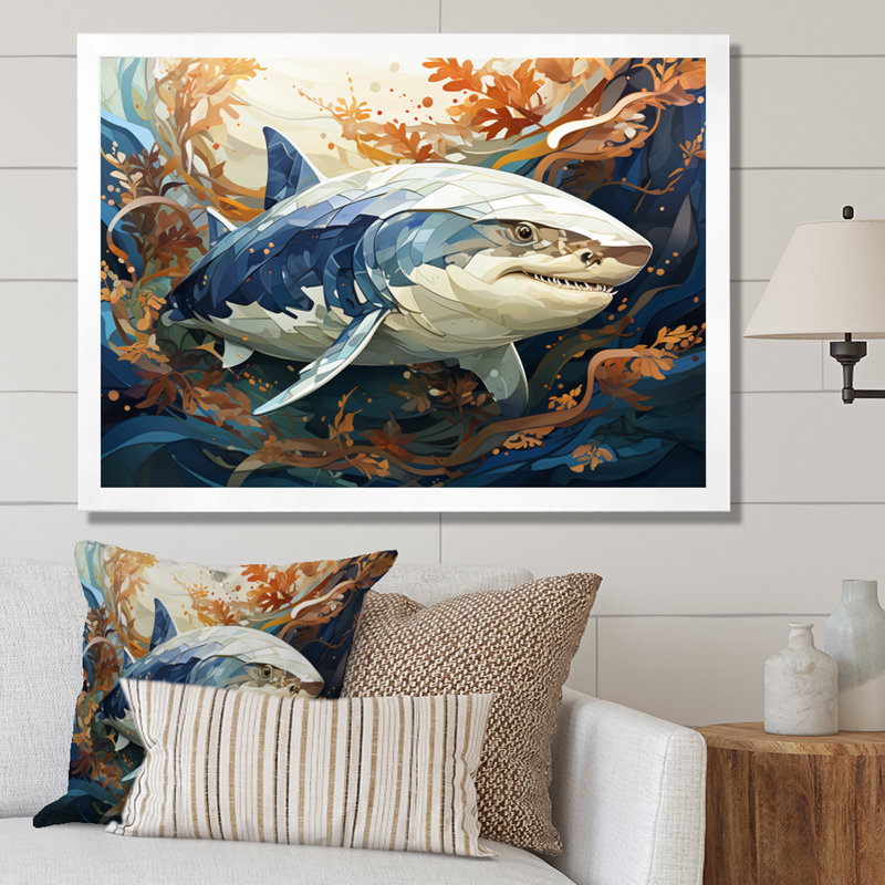 " Gray Orange Shark Harmony ", White Picture Framed, 34" H x 44" W x 1.5" D