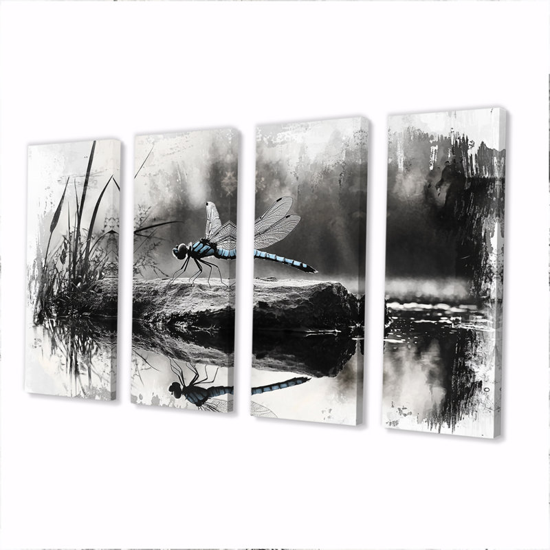 «Black and White Dragonfly Pond Princess», ensemble d'art mural sur toile, H 28 po x l 48 po