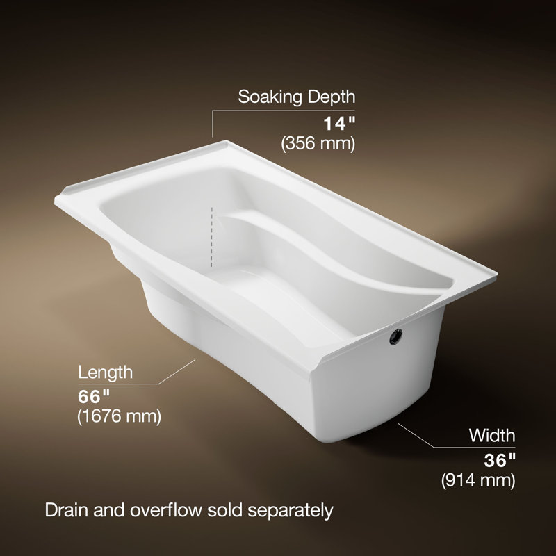 Mariposa 66" x 36" Drop In Soaking Bathtub, White, Right