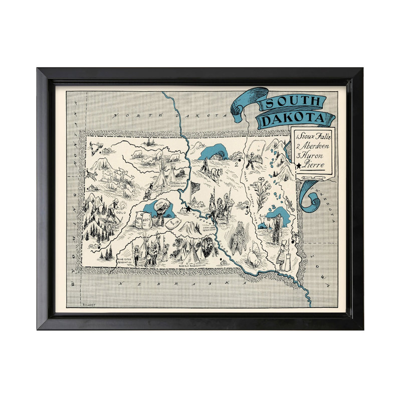 South Dakota Pictorial Map, Black Framed, Canvas, 11"H x 14"W
