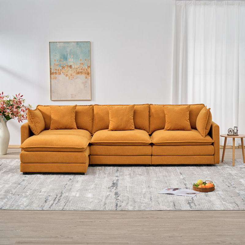 110.2" Chenille Three Seater Upholstered Sofa, Ottoman, Orange Chenille