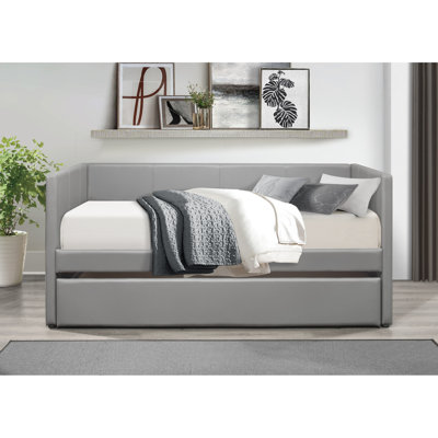 Elegant Gray Faux Leather Daybed With Collapsible Trundle, Wood Frame, Bedroom Decoration Chic Detachable Trundle Bed, Solid Construction, Living Space Ideas
