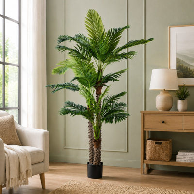 Artificial Areca Palm Tree, 3-Stem Faux Tropical Floor Plant with Realistic Green Palm Leaves for Home, Office, Hotel and Commercial Decor