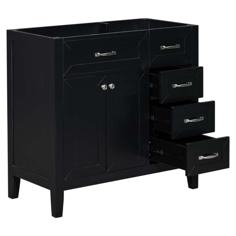 Base de meuble-lavabo moderne de 36 pouces, structure en bois massif, panneau de fibres à densité moyenne, autoportante avec tiroirs et armoire, finition noire