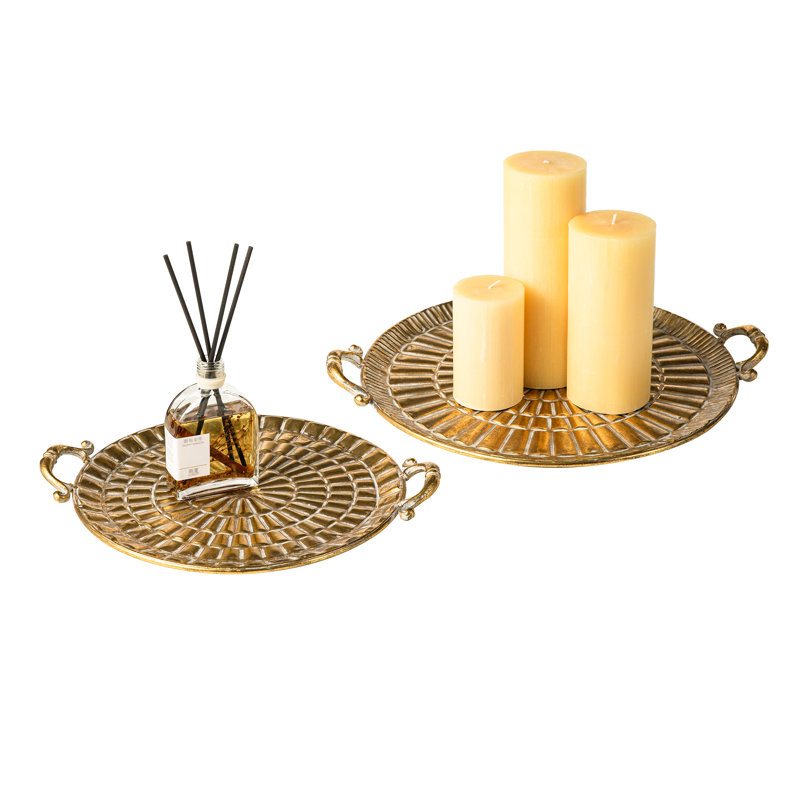 Plateaux décoratifs ronds en métal doré avec poignées