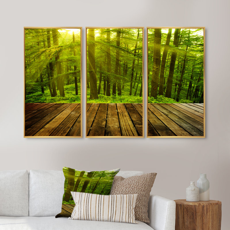 Golden Sunlight in Pine Forest - ensemble d'art mural sur toile encadré paysage, H 20 po x l 36 po x P 1 po, Or