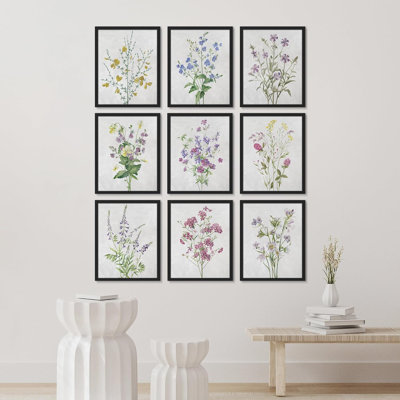 Bouquet de fleurs sauvages colorées botaniques colorées, impression sur papier 9 pièces