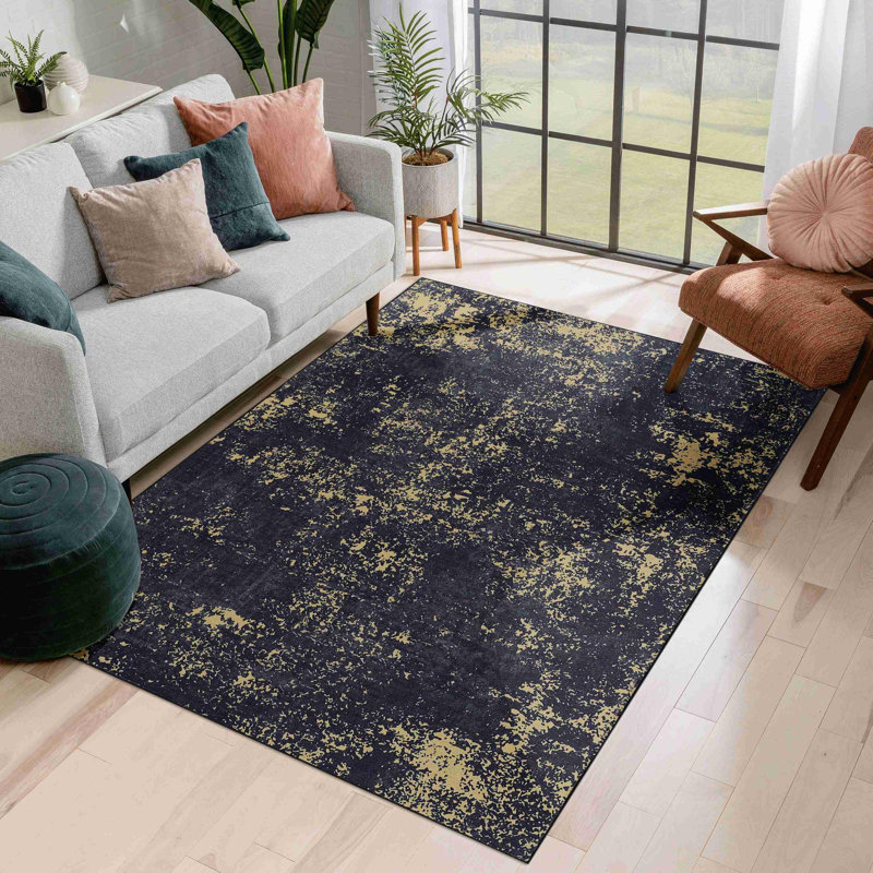 Tapis noir et doré lavable 3 pi x 5 pi, Rectangulaire 3 pi x 5 pi