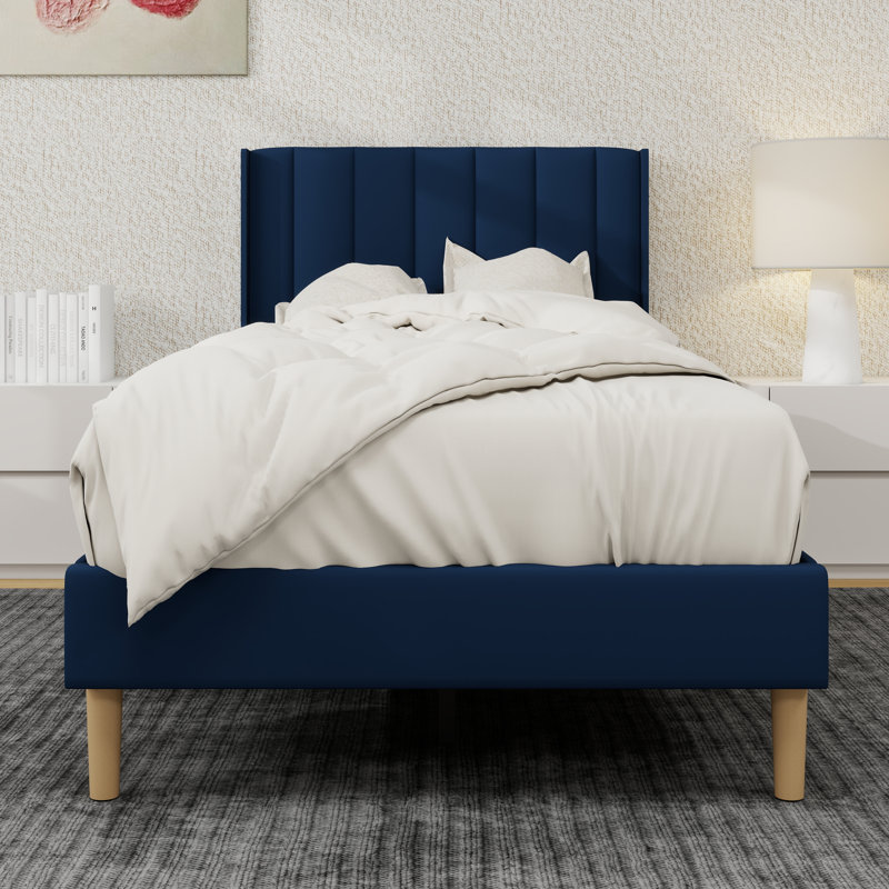 Structure de lit plateforme tapissier, Bleu, Simple