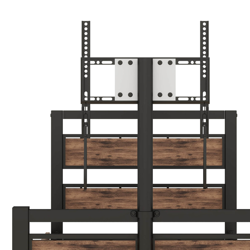 Selia Twin Size Metal Platform Bed with Two Storage Drawers and Rotatable TV Stand, Black/Brown