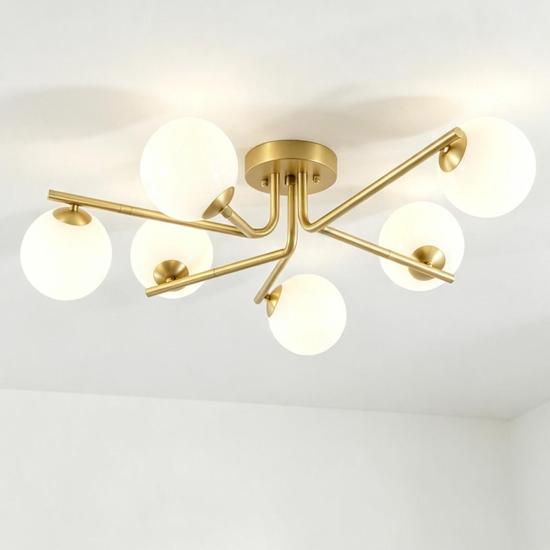 6 - Light Opal Glass Globe Sputnik Semi-Flush Mount Ceiling Light