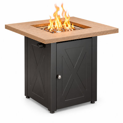 Table de foyer extérieure carrée au propane de 71 cm (28 po) et 50 000 BTU, avec plateau en bois brossé, couvercle de brûleur amovible et compartiment de rangement pour la bouteille dissimulé.