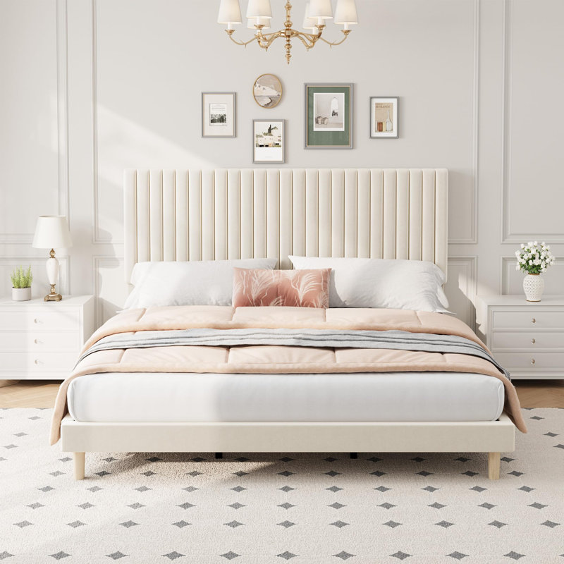 King Bed Frame with Adjustable Headboard, Velvet Upholstered Platform King Size Bed Frame, Vertical Channel Tufted, Strong Wooden Slats, No Box Spring Needed, Easy Assembly, Beige