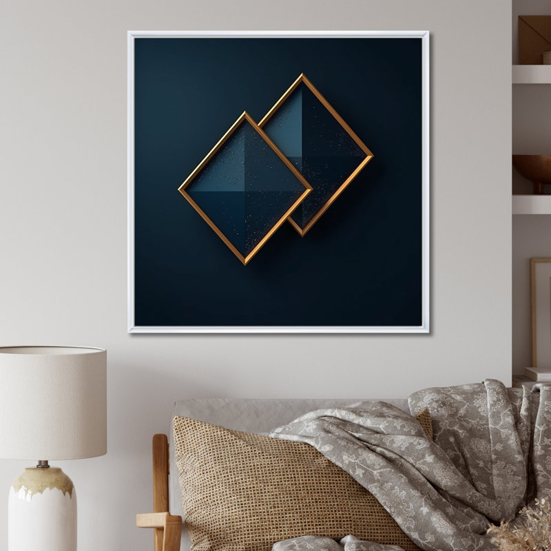 «Rhombus in Deep Blue and Gold Abstract I», reproduction sur toile, Cadre flottant blanc, H 24 po x l 24 po x P 1 po