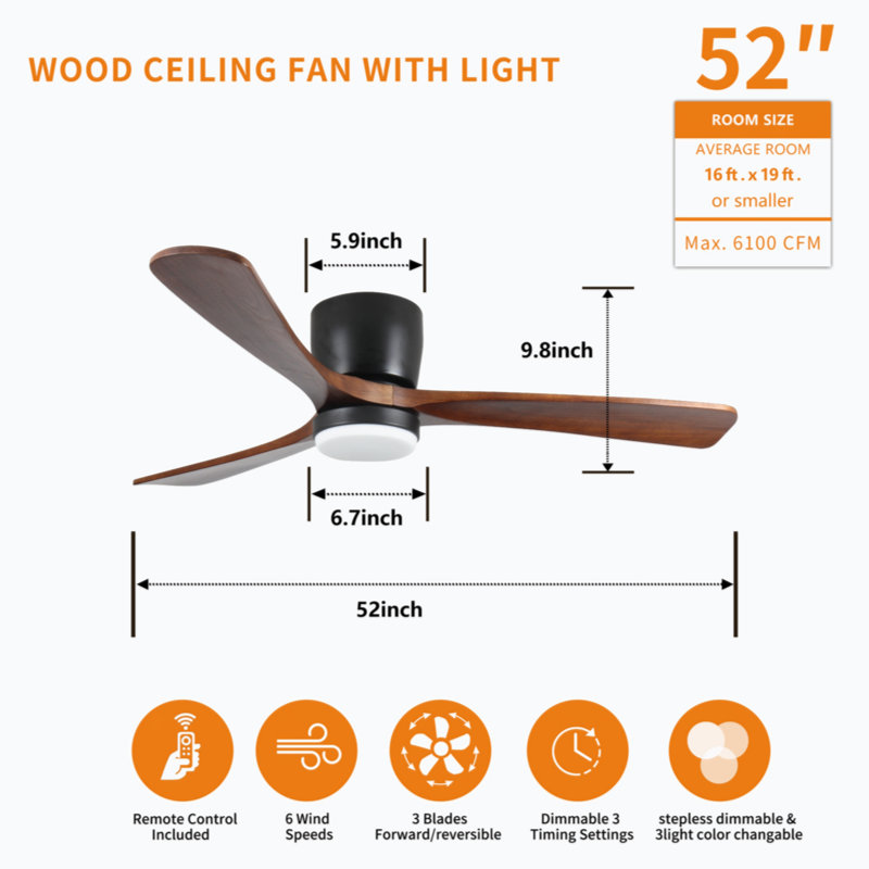 Kamri 42 inch Black Wood Ceiling Fans with Lights and Remote, Modern Flush Mount Low Profile Ceiling Fan with Light, 6 Speed, Reversible DC Motor, for Bedroom/Outdoor/Farmhouse/Patios