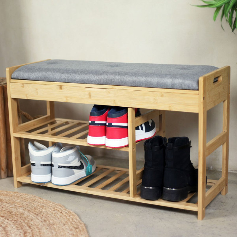 Froppi Shoe Bench with Grey Padded Seat and Hidden Storage | 2-Tier Wooden Shoe Rack L80 W29.5 H49 cm, Natural