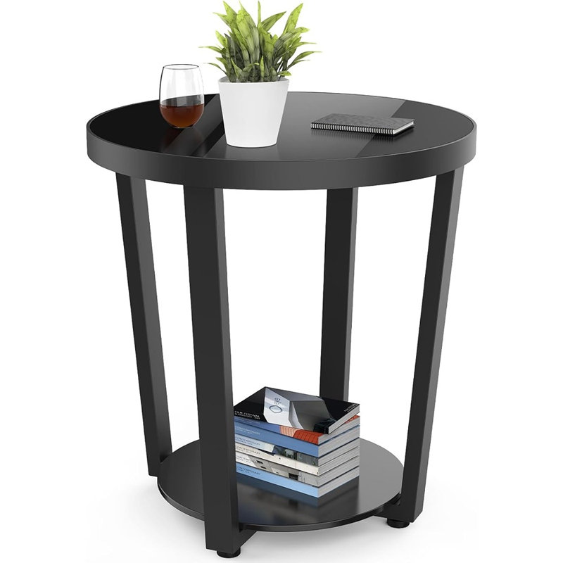 Table de bout en verre trempé - Petite table basse à cadre en métal noir pour le salon, le balcon ou la chambre à coucher