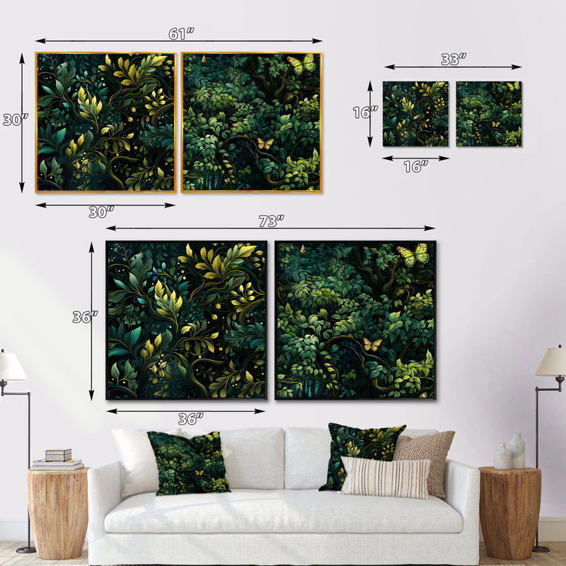 Emerald Canopy Forest - Abstract Botanicals Square Collage Set Of 2, Gold Floater Framed, 16" H x 33" W
