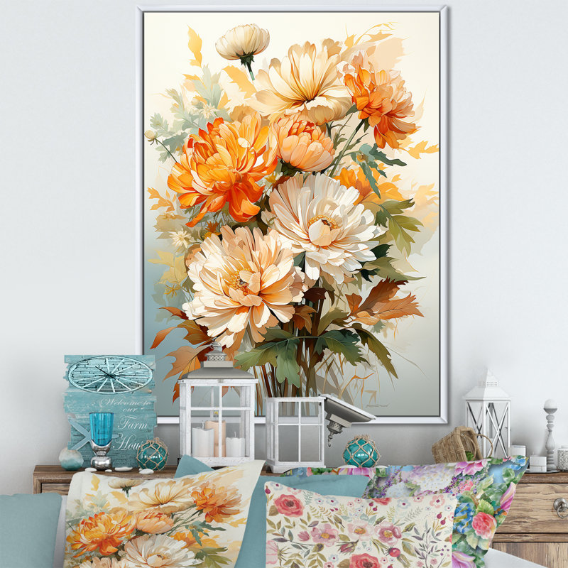 «Marigold Elegance Bouquet Still Life» sur toile, Cadre flottant blanc, H 44 po x l 34 po x P 1,5 po
