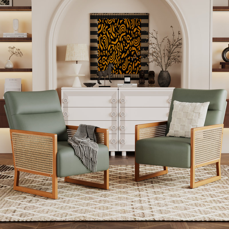 Upholstered Accent Chair With Rattan Arms And Solid Wood Legs, Green Polyester Blend