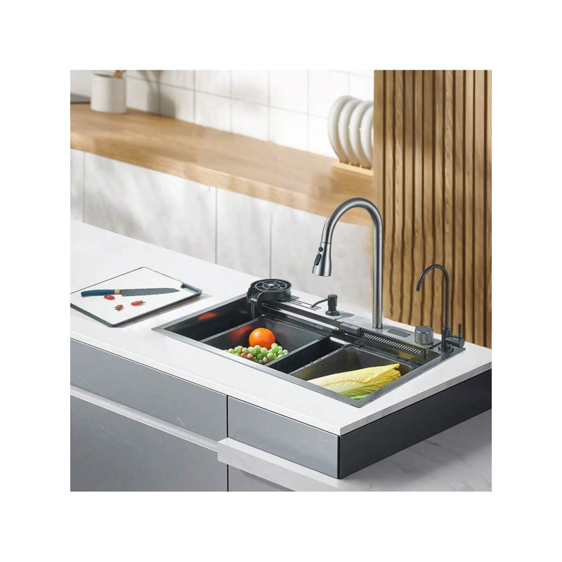 Ensemble d'évier de cuisine en acier inoxydable avec évier cascade et robinet encastrable (75 x 45 cm)