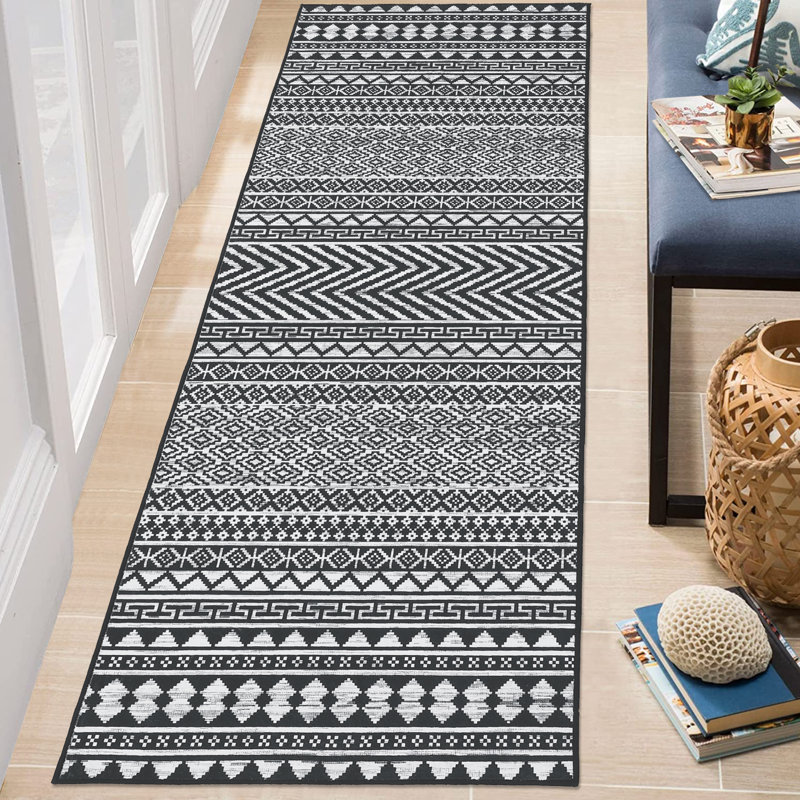 Tapis antidérapant et lavable Boho, Noir, Tapis de couloir 2 pi x 6 pi