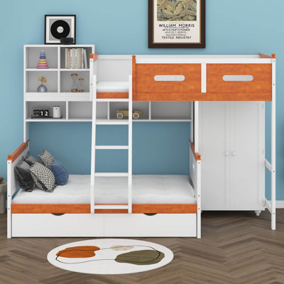 Lit simple superposé au-dessus d'un lit double, cadre de lit superposé en bois avec échelle, garde-robe, tiroirs, tablettes et lumières DEL