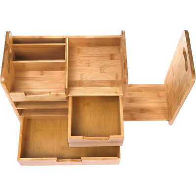 Organisateur de bureau en bambou avec porte-classeur réglable, comptoir organisateur de courrier avec tiroir, organisation de bureau à 4 niveaux et accessoires de bureau pour fournitures scolaires de bureau à domicile, aucun assemblage requis